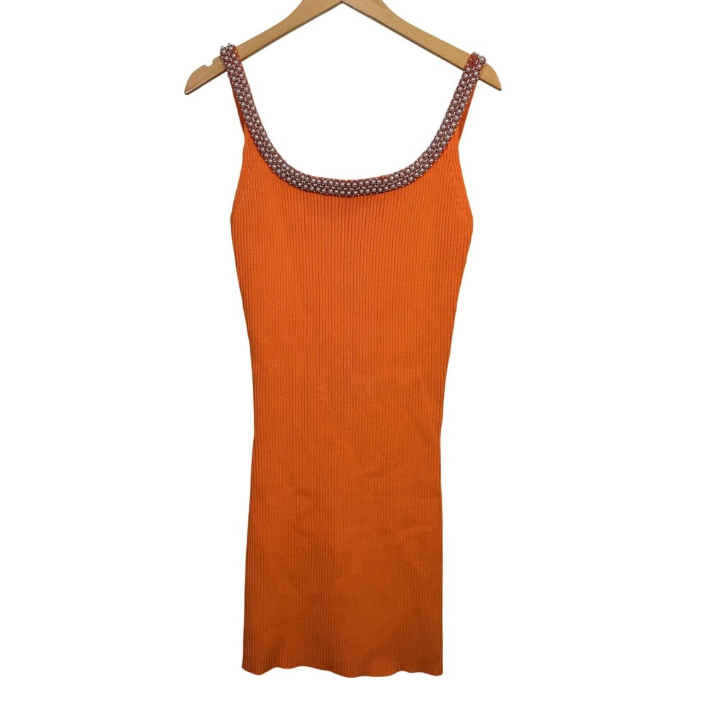 Zara Large Mini Dress Ribbed Bodycon‎ Orange Embellished Low Back Party Cocktail - Picture 2 of 9